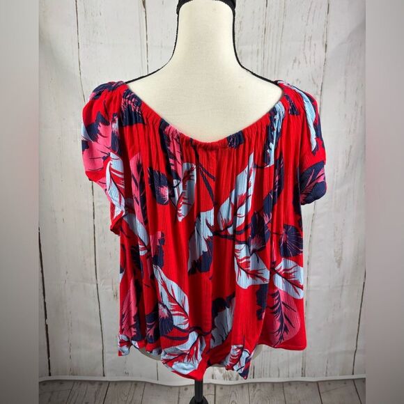 Express Red Cropped Top w/ Blue Botanical Print Flared Sleeve Elastic Boat Neck - Picture 5 of 7